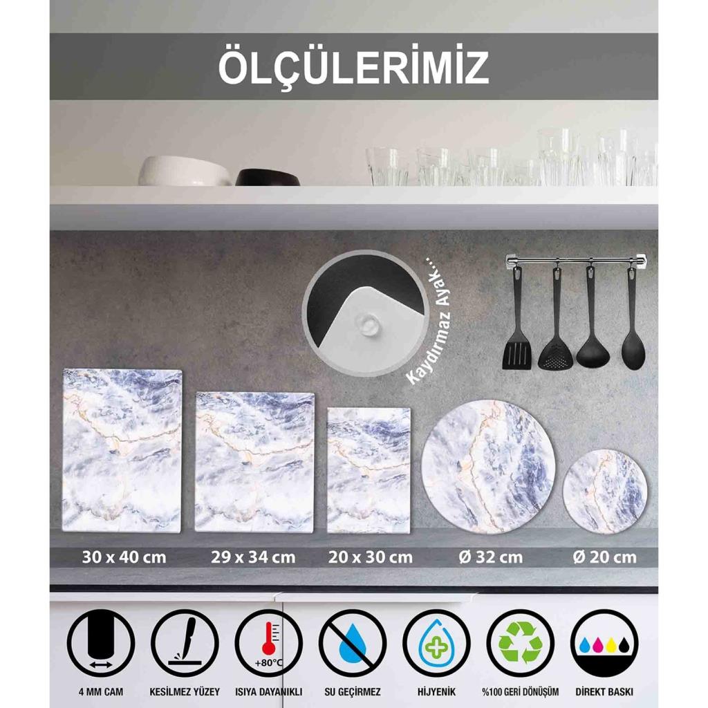 30x40cm - Beyaz Mermer - Cam Kesme Tahtası - Resim 4