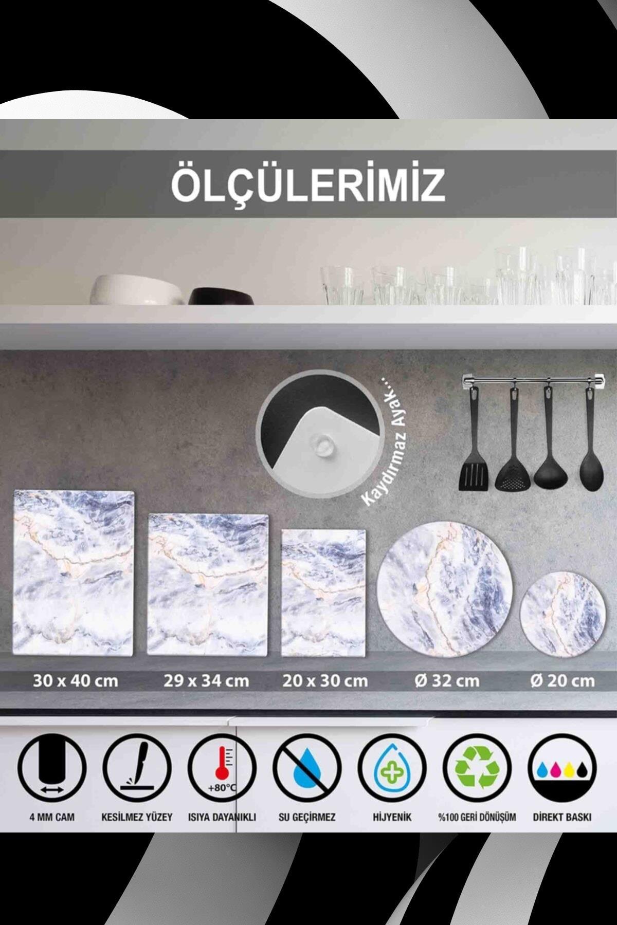 29x34cm - Siyah Beyaz Mermer - Cam Kesme Tahtası - Resim 2