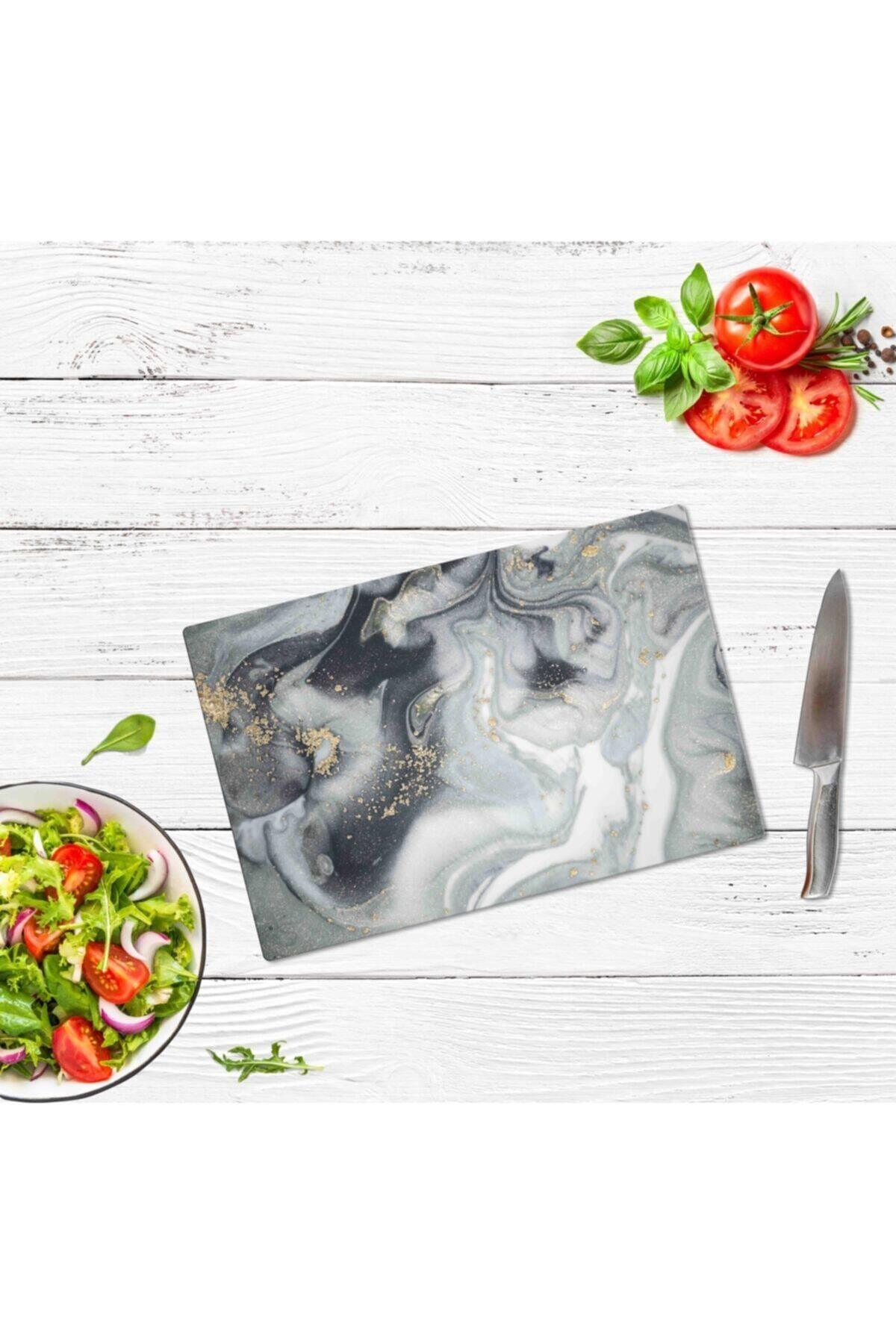 30x40 cm Cam Kesme Tahtası Gri Altın Mermer - Resim 1