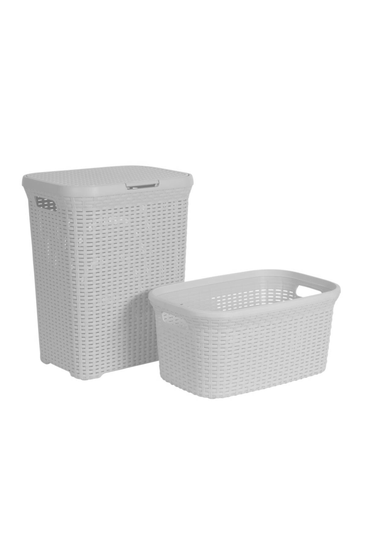 2'li Set Hasır Desenli Plastik Beyaz Çamaşır Sepeti & Beyaz Çamaşır Selesi - Resim 3