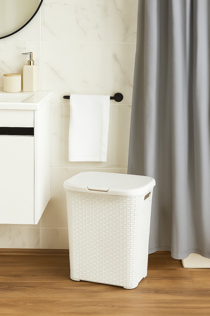 2'li Set Hasır Desenli Plastik Beyaz Çamaşır Sepeti & Beyaz Çamaşır Selesi - Resim 4