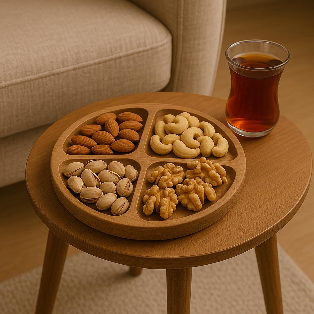 Doğal Ahşap Çerezlik ve Kahvaltılık – 4 Bölmeli Sunum Tabağı T9 - Resim 1