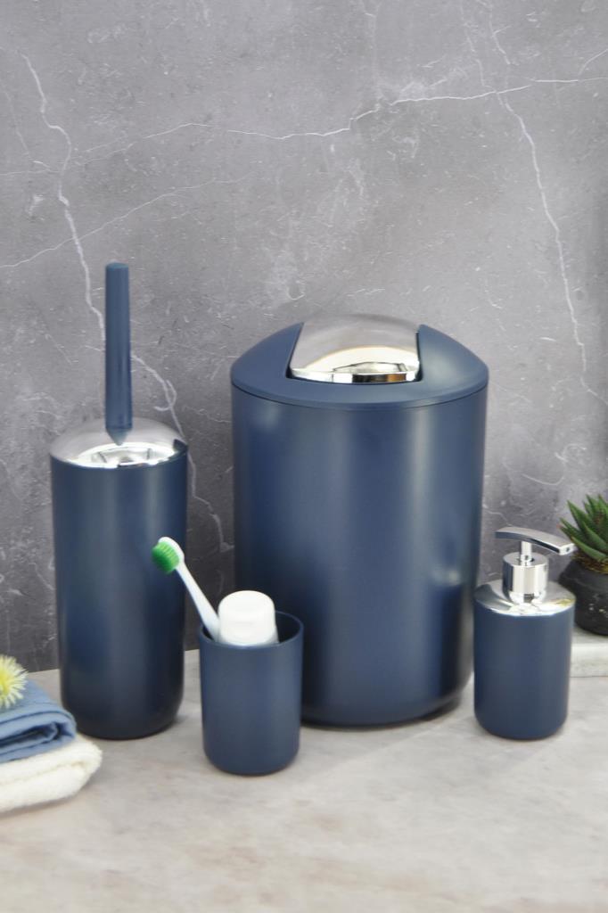 4'lü Lacivert, Banyo Aksesuar Seti, Çöp Kovası Seti - Brazil Model - Resim 1