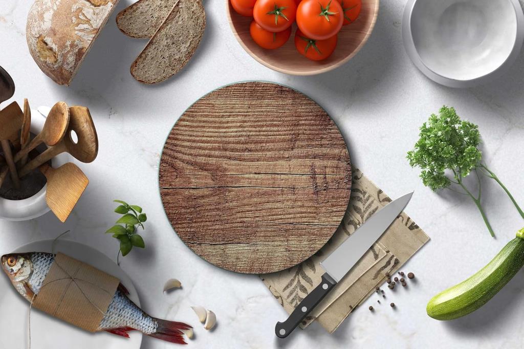 Çap 32cm - Koyu Ahşap Desenli - Cam Kesme Tahtası - Resim 1
