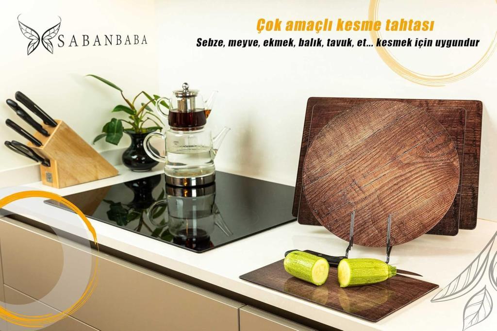 Çap 32cm - Koyu Ahşap Desenli - Cam Kesme Tahtası - Resim 2