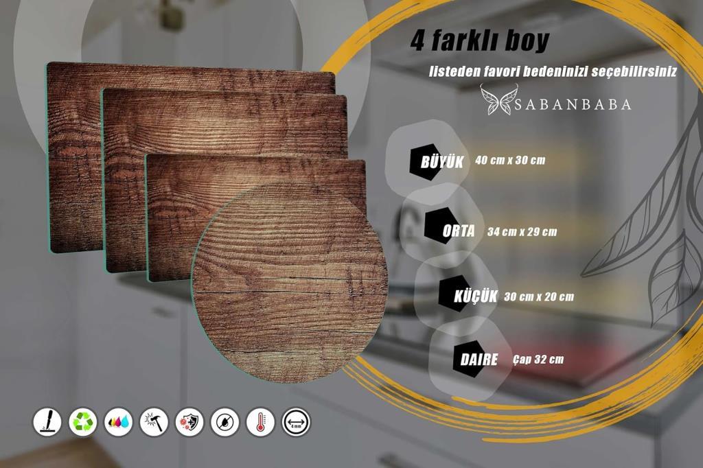 Çap 32cm - Koyu Ahşap Desenli - Cam Kesme Tahtası - Resim 3